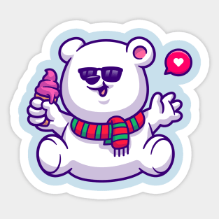 Cute Polar Bear Holding Ice Cream Cone Cartoon Sticker